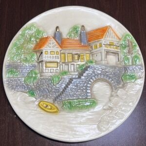 Vintage Chalkware‎ Cottage Village Wall Plaque 11.5" Hand Painted Decor **Flaws